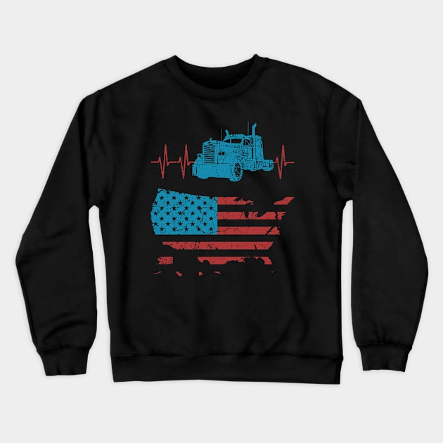 Truck Driver Heartbeat Vintage American Flag Crewneck Sweatshirt by Xeire